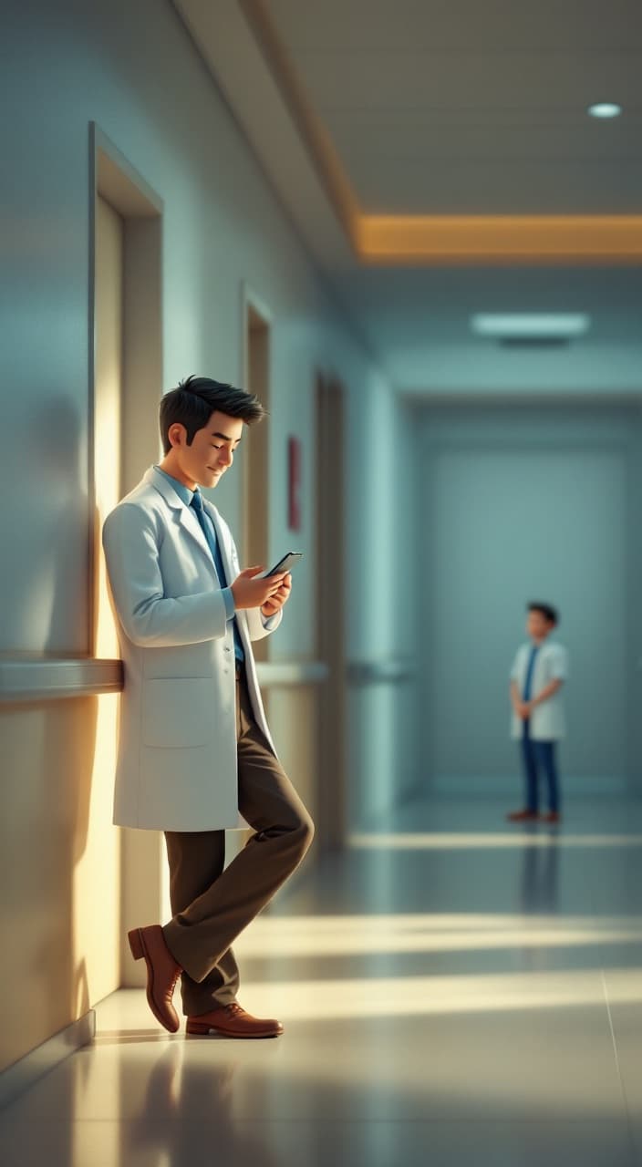 Animated clinician leaning against a hospital corridor wall, reading his phone