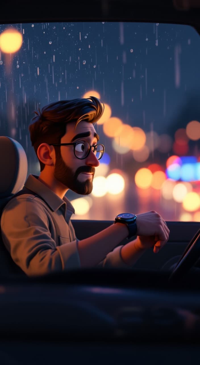 Animated sales rep waiting in his car in the rain, checking his watch outside a hospital
