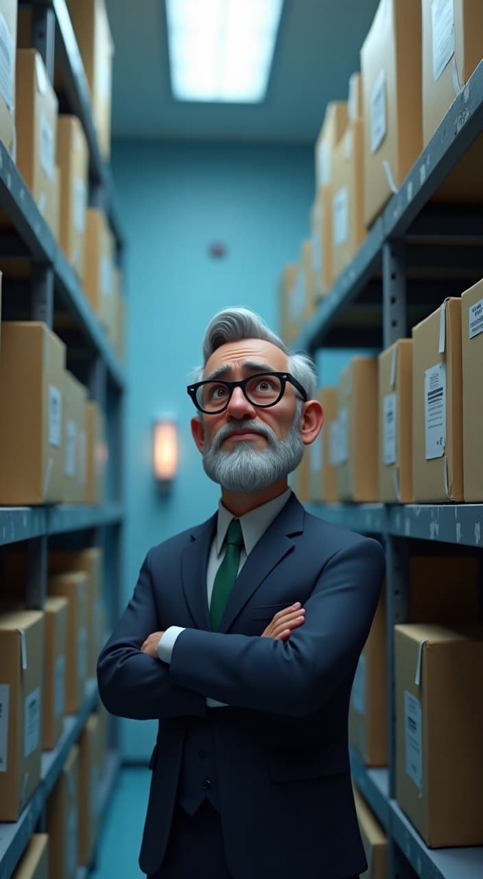 Animated founder in a hospital supply room looking up at shelves of his product, boxes still sealed
