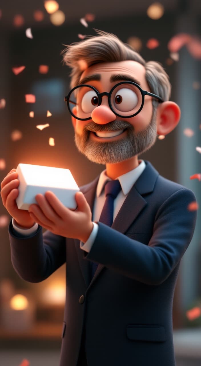 Animated character in a suit holding a glowing product box as approval confetti falls