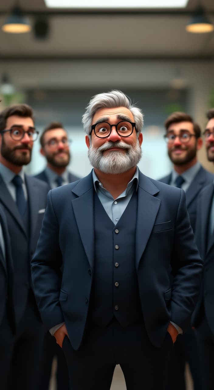 Animated founder standing in an office surrounded by identical cloned sales reps in matching suits
