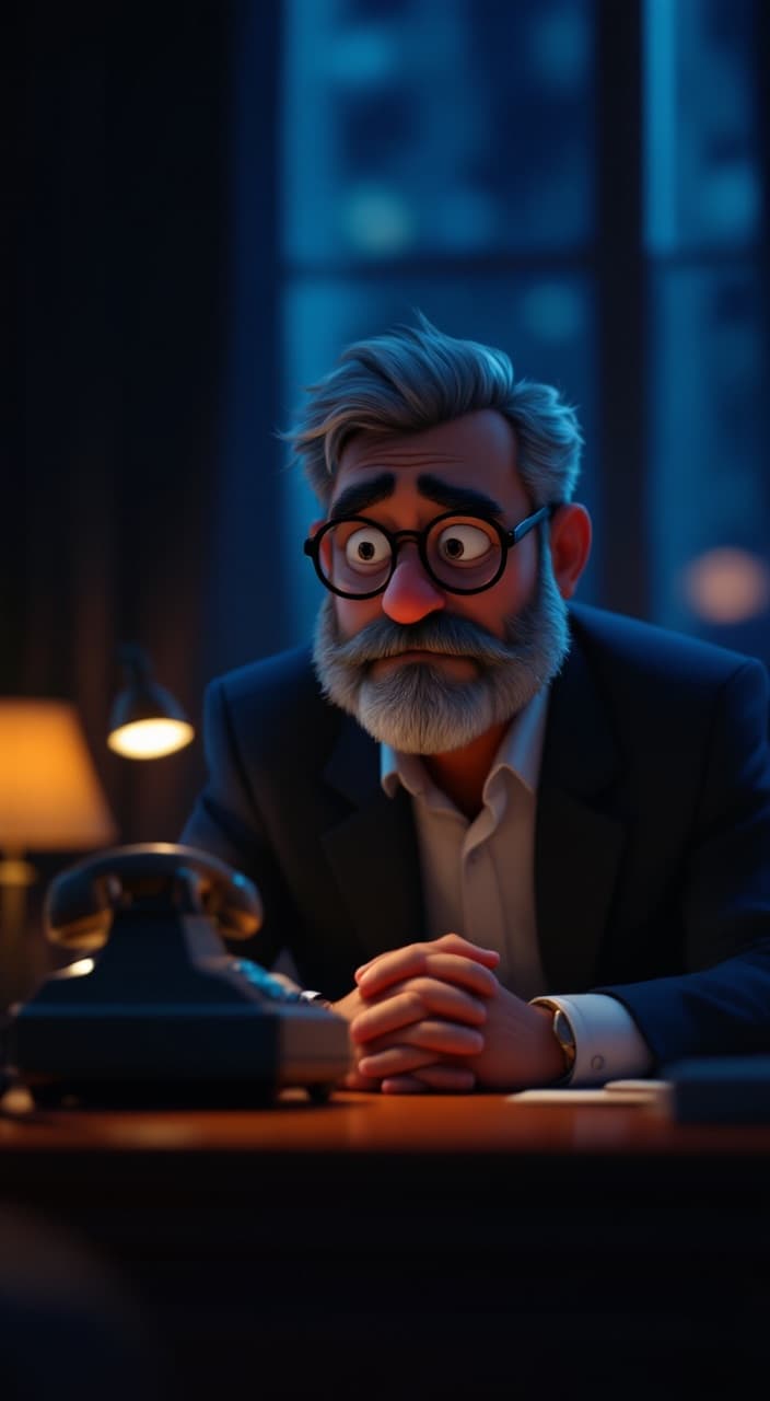 Animated founder at his desk late at night, watching a phone that is not ringing