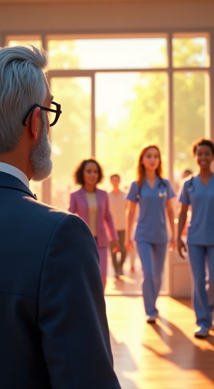 Animated founder watching patients and clinicians arriving through the sunlit doors of a busy clinic