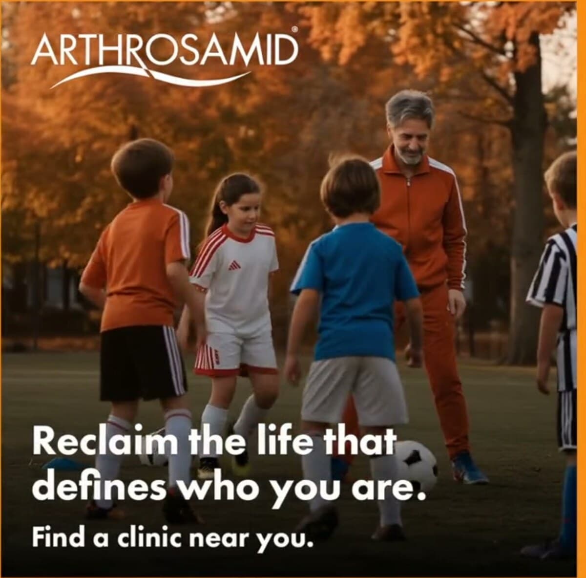 Direct-to-patient creative still from the Arthrosamid Active Life campaign, showing a patient back on the sports field with children