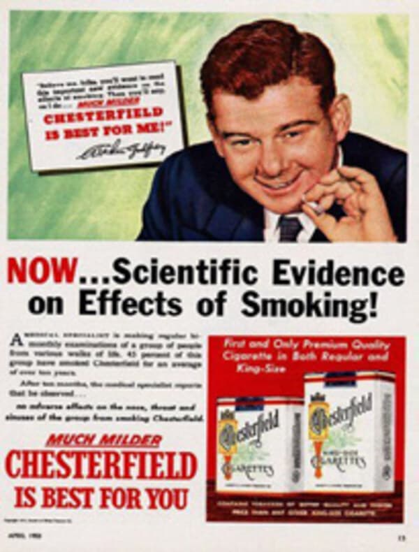 Vintage ad: Chesterfield 路 Scientific Evidence on Smoking. Cherry-picked evidence presented as comprehensive review.