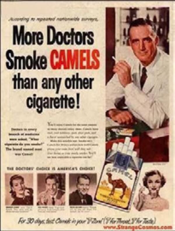 Vintage ad: Camels 路 More Doctors Smoke Camels. Authority claim built on a survey paid for by the brand.