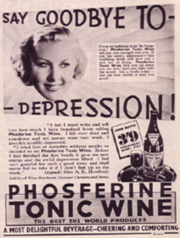 Vintage ad: Phoseferine 路 Goodbye Depression. Mental-health treatment claim with no clinical basis.