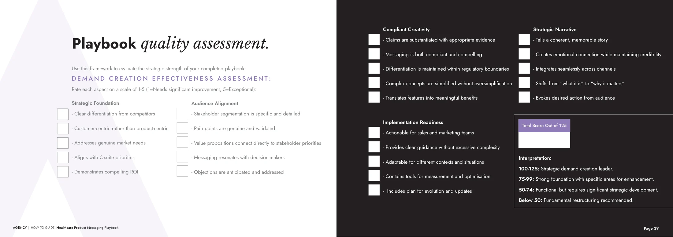 Workbook spread with a playbook quality assessment and review checklist.